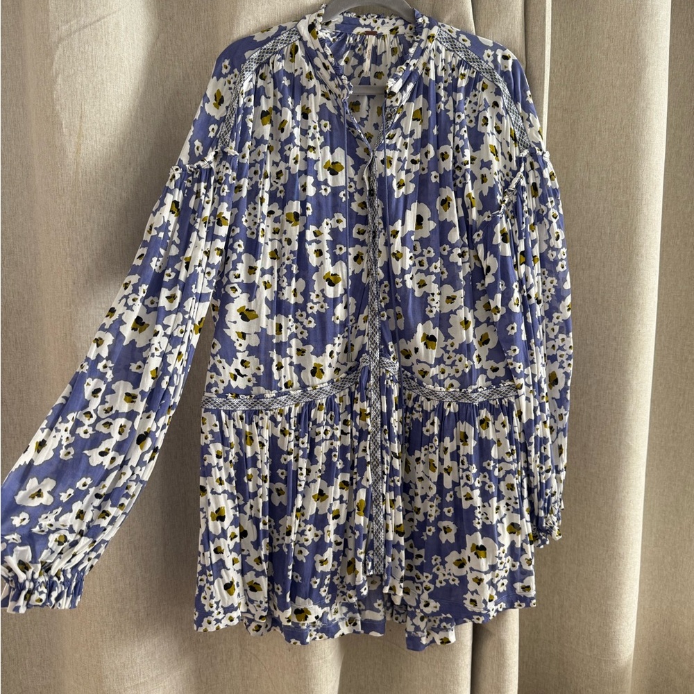 Free People Floral Print Blouse in Blue and White